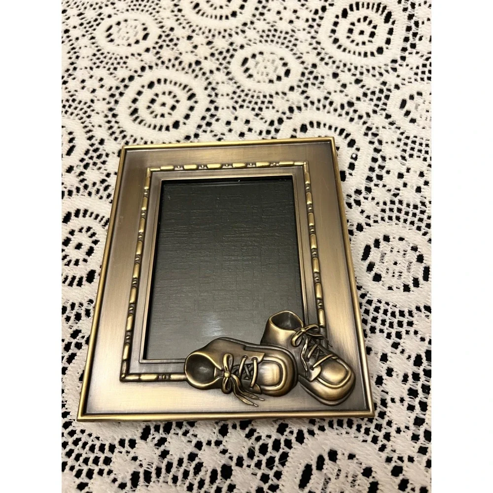 Vintange Bronze Tone Metal Baby Shoe Photo Pic Frame | Nursery Cottage